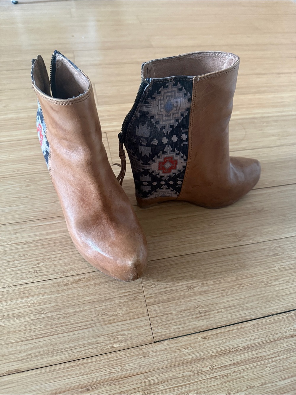 Women's Tan Leather Ankle Boots with Woven Pattern Side Panel